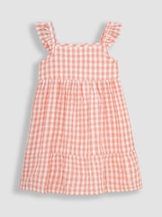 JoJo Maman Bébé Orange Gingham Frill Shoulder Tiered Dress - Image 1 of 3