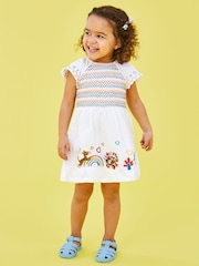 JoJo Maman Bébé White Elmer Appliqué Ruffle Sleeve Smocked Dress - Image 1 of 3