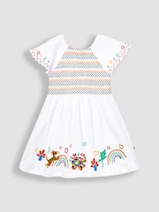 JoJo Maman Bébé White Elmer Appliqué Ruffle Sleeve Smocked Dress - Image 2 of 3