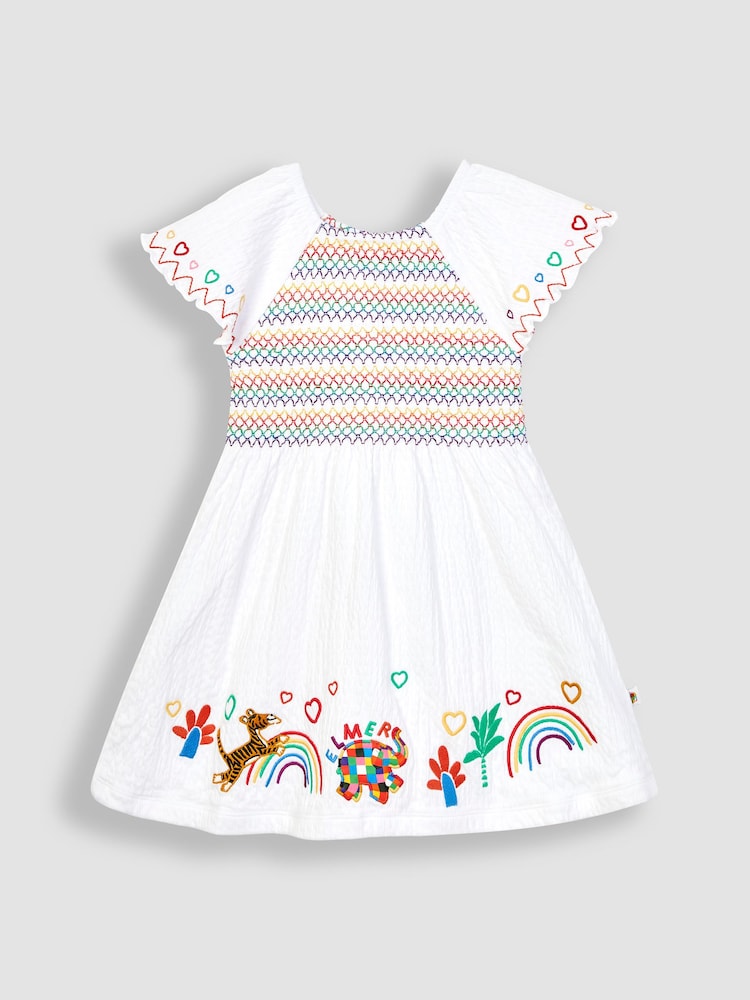 JoJo Maman Bébé White Elmer Appliqué Ruffle Sleeve Smocked Dress - Image 2 of 3