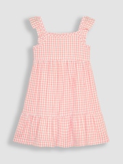 JoJo Maman Bébé Pink Gingham Frill Shoulder Tiered Dress - Image 1 of 3