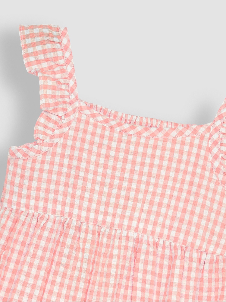JoJo Maman Bébé Pink Gingham Frill Shoulder Tiered Dress - Image 2 of 3