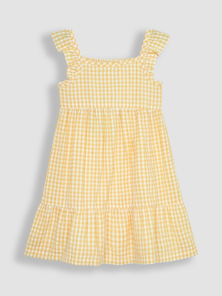 JoJo Maman Bébé Yellow Gingham Frill Shoulder Tiered Dress - Image 1 of 3