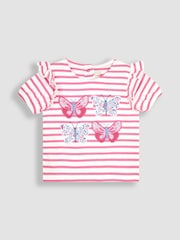 JoJo Maman Bébé Pink Butterfly Appliqué Frill Sleeve T-Shirt - Image 1 of 1