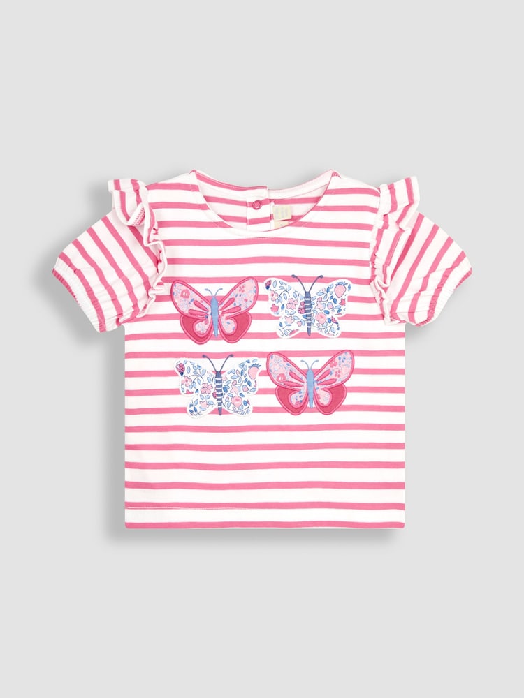 JoJo Maman Bébé Pink Butterfly Appliqué Frill Sleeve T-Shirt - Image 1 of 1