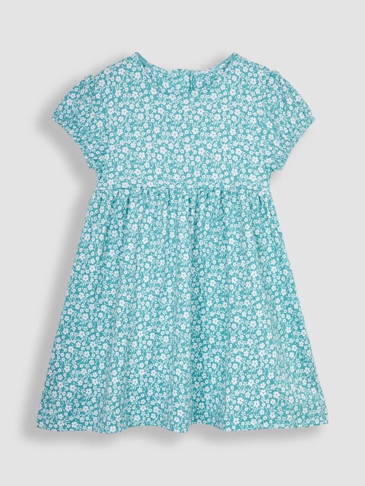 JoJo Maman Bébé Duck Egg Blue Ditsy Floral Puff Sleeve Jersey Dress - Image 1 of 3