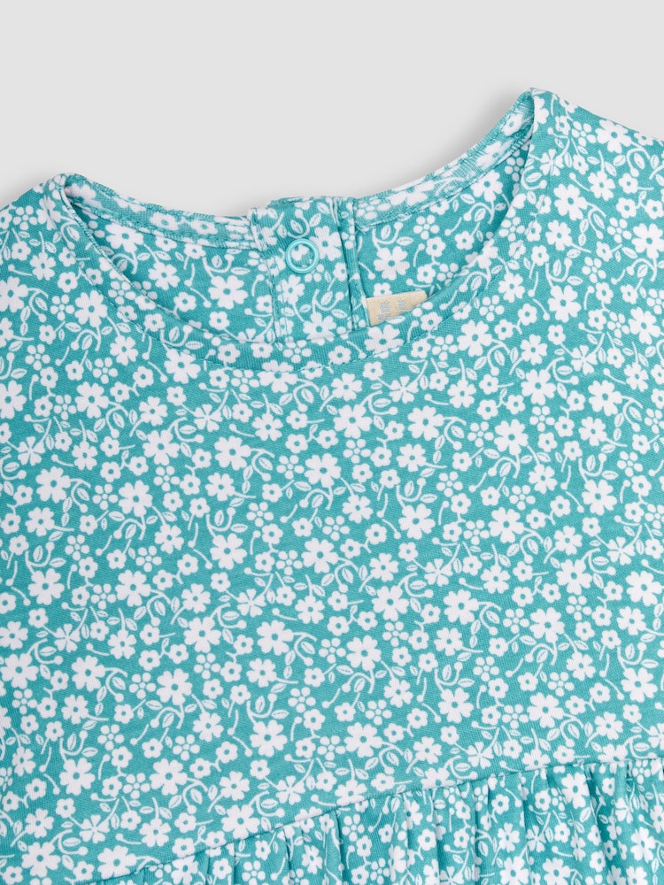 JoJo Maman Bébé Duck Egg Blue Ditsy Floral Puff Sleeve Jersey Dress - Image 2 of 3