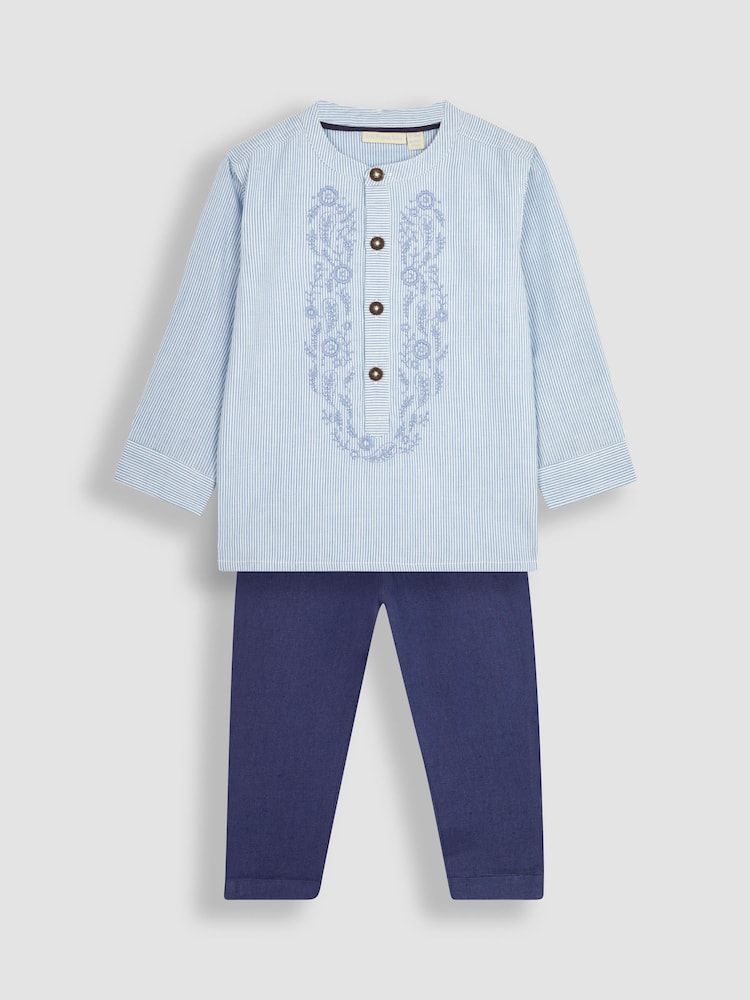 JoJo Maman Bébé Blue 2-Piece Embroidered Grandad Shirt & Trousers Set - Image 1 of 8