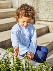 JoJo Maman Bébé Blue 2-Piece Embroidered Grandad Shirt & Trousers Set - Image 7 of 8