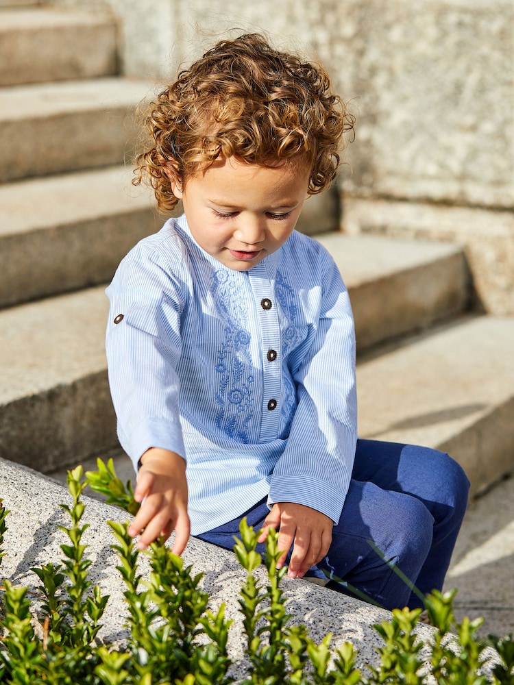 JoJo Maman Bébé Blue 2-Piece Embroidered Grandad Shirt & Trousers Set - Image 9 of 9 JoJo Maman Bébé Blue 2-Piece Embroidered Grandad Shirt & Trousers Set - Image 9 of 9