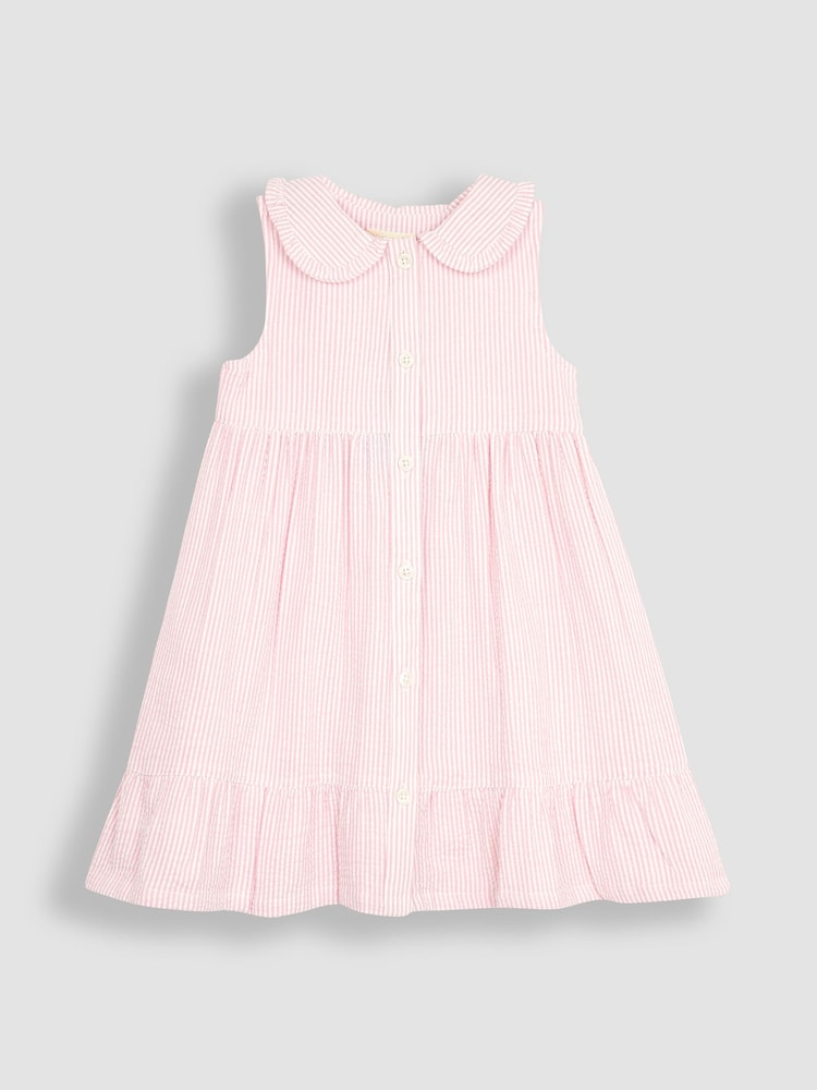 JoJo Maman Bébé Pink Seersucker Stripe Collar Button Through Dress - Image 1 of 3
