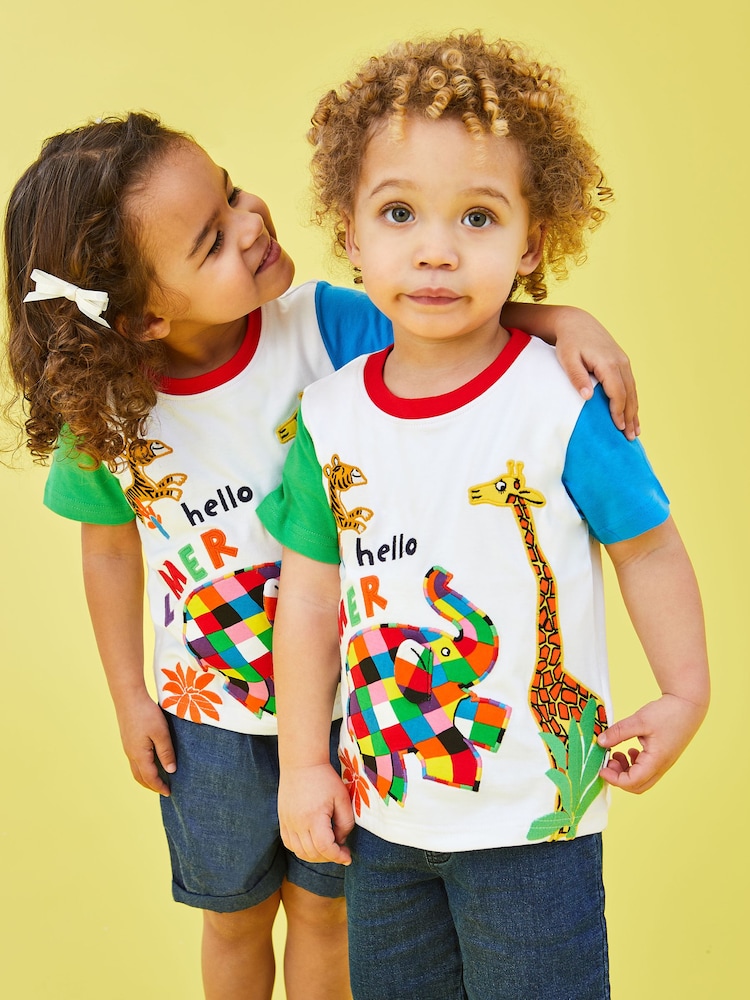 JoJo Maman Bébé White Elmer & Friends Applique T-Shirt - Image 1 of 4