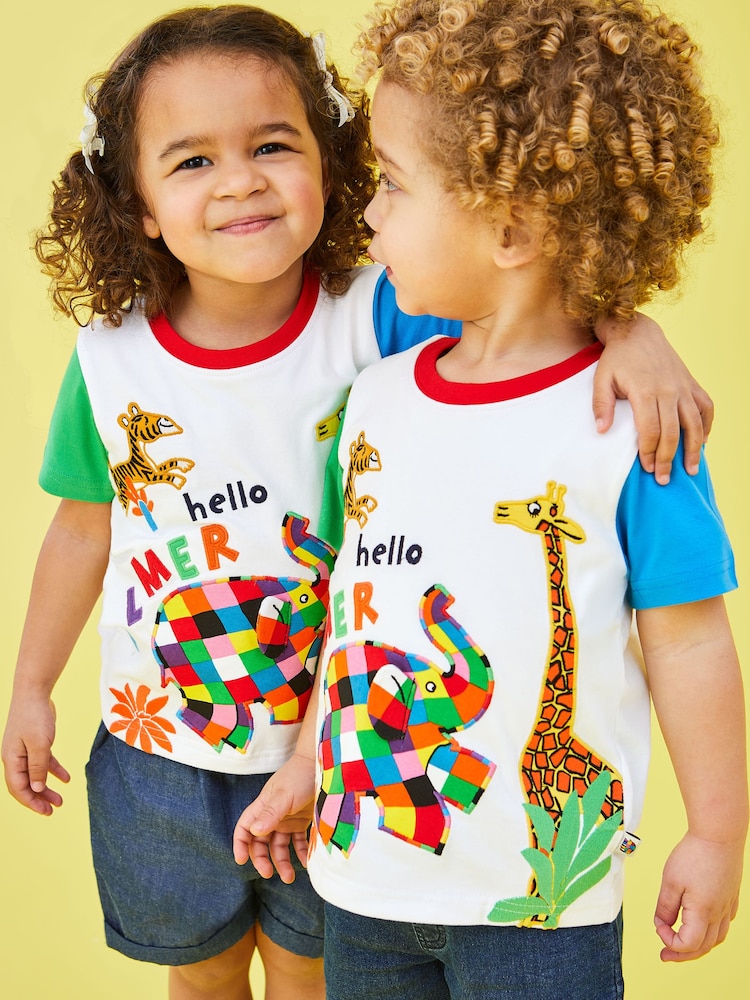 JoJo Maman Bébé White Elmer & Friends Applique T-Shirt - Image 2 of 4