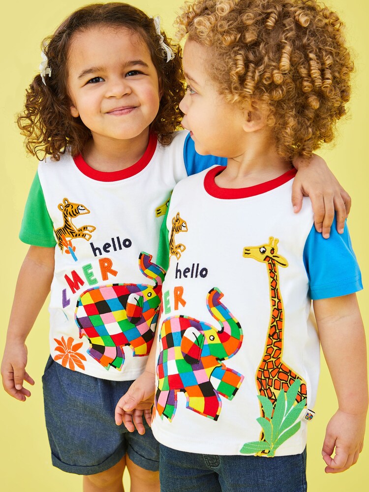 JoJo Maman Bébé White Elmer & Friends Applique T-Shirt - Image 2 of 4 JoJo Maman Bébé White Elmer & Friends Applique T-Shirt - Image 2 of 4