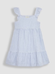 JoJo Maman Bébé Blue Seersucker Stripe Frill Shoulder Tiered Dress - Image 1 of 3