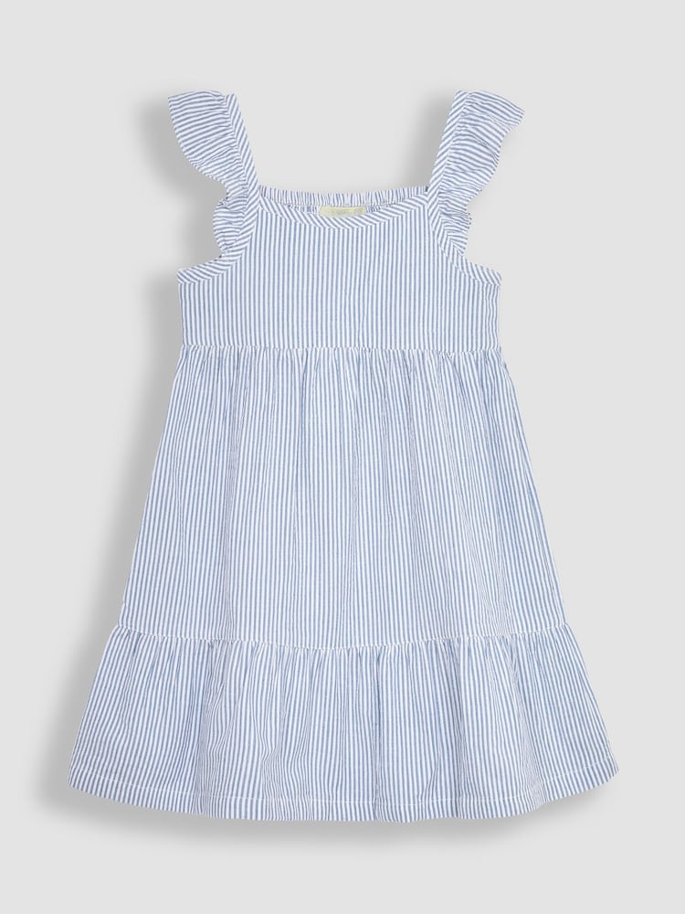 JoJo Maman Bébé Blue Seersucker Stripe Frill Shoulder Tiered Dress - Image 1 of 3