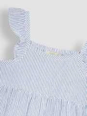 JoJo Maman Bébé Blue Seersucker Stripe Frill Shoulder Tiered Dress - Image 2 of 3