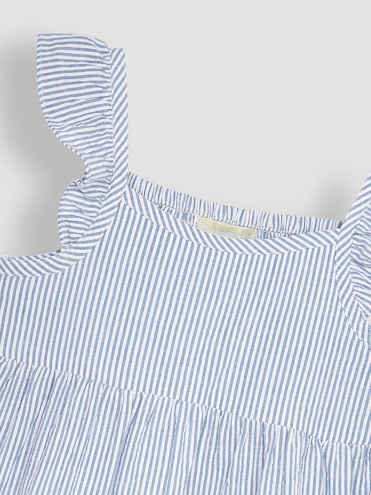 JoJo Maman Bébé Blue Seersucker Stripe Frill Shoulder Tiered Dress - Image 2 of 3