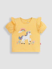 JoJo Maman Bébé Yellow Unicorn Appliqué Frill Sleeve T-Shirt - Image 1 of 3
