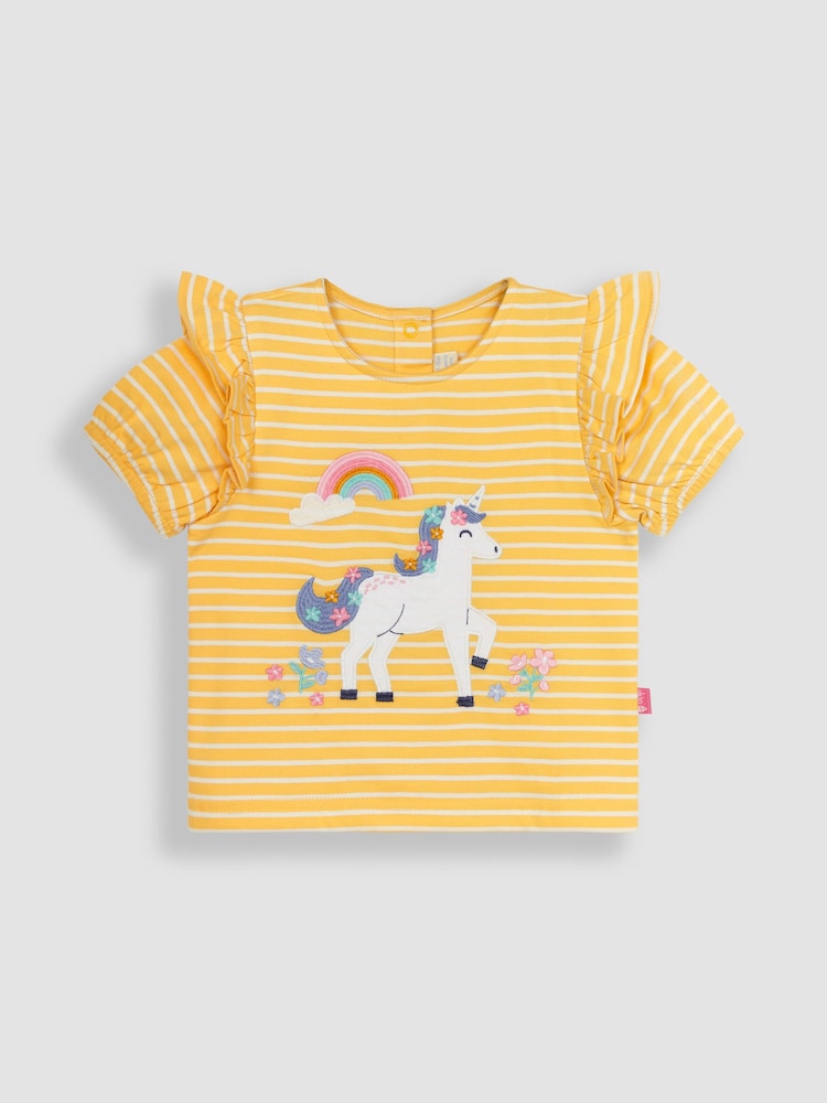 JoJo Maman Bébé Yellow Unicorn Appliqué Frill Sleeve T-Shirt - Image 1 of 3