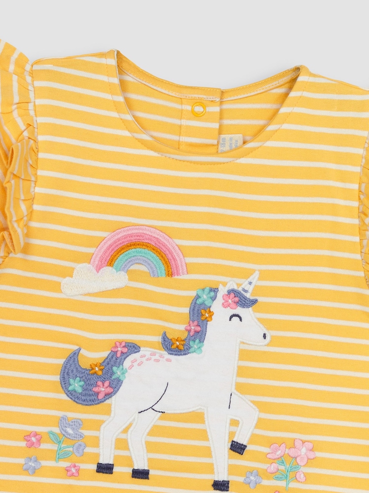 JoJo Maman Bébé Yellow Unicorn Appliqué Frill Sleeve T-Shirt - Image 2 of 3