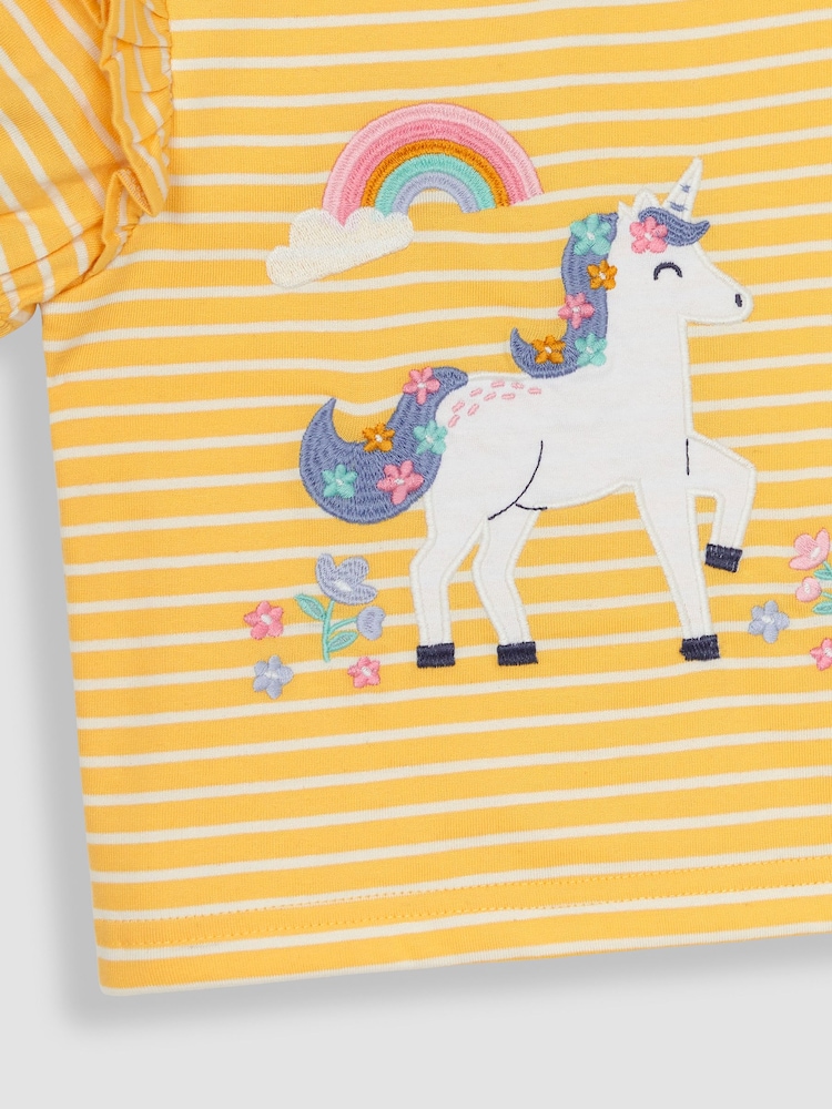 JoJo Maman Bébé Yellow Unicorn Appliqué Frill Sleeve T-Shirt - Image 3 of 3
