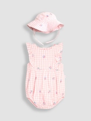 JoJo Maman Bébé Pink Floral Embroidered Gingham Bubble Romper - Image 1 of 5