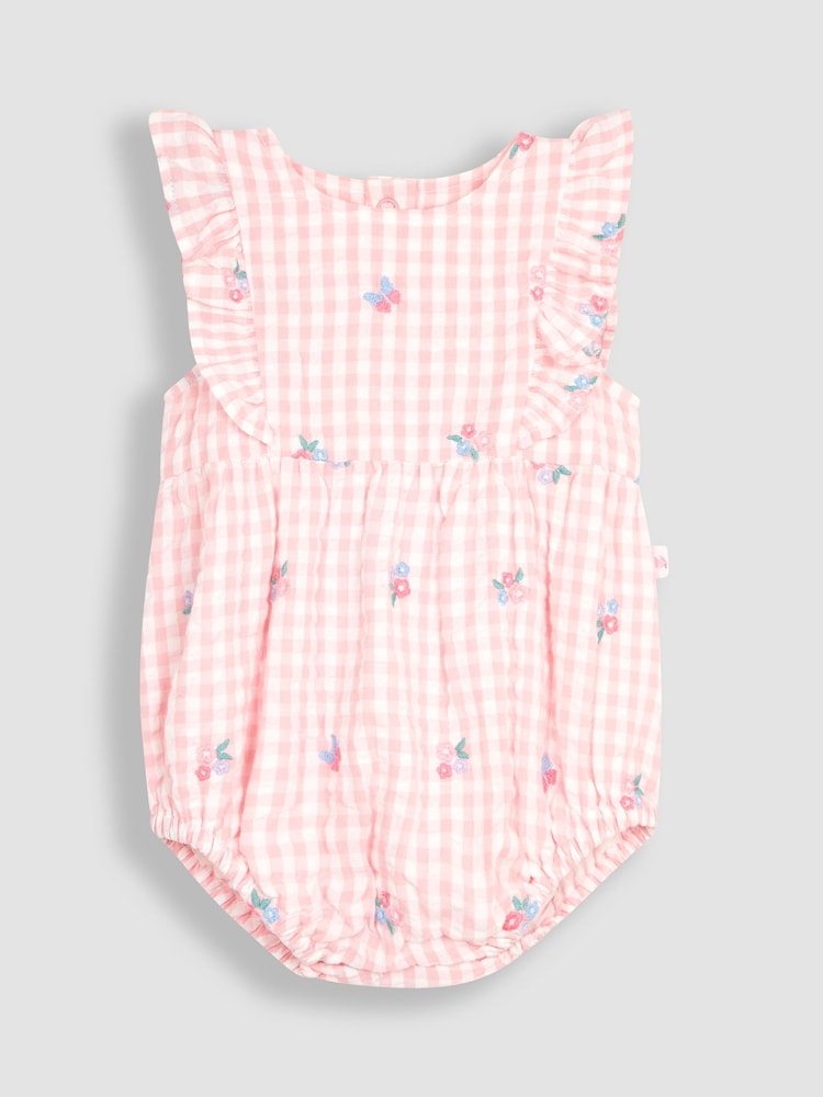 JoJo Maman Bébé Pink Floral Embroidered Gingham Bubble Romper - Image 2 of 5