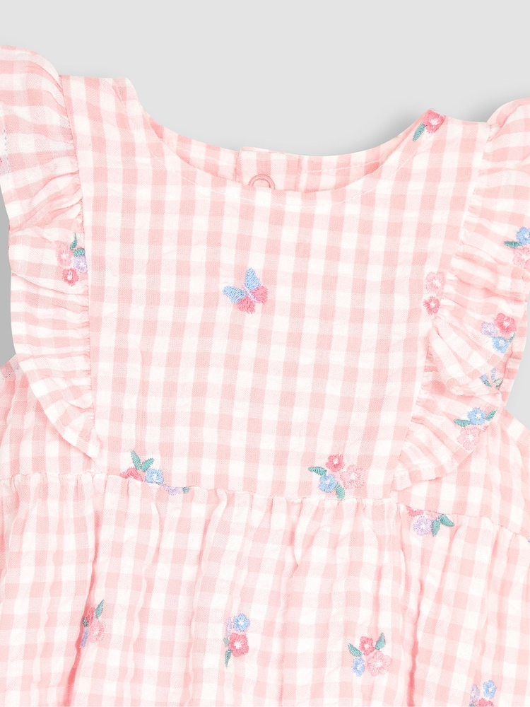 JoJo Maman Bébé Pink Floral Embroidered Gingham Bubble Romper - Image 5 of 5