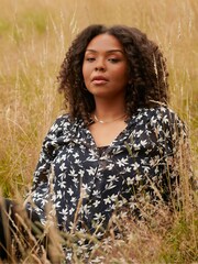 Live Unlimited Black Mono Floral Print Ruffle Front Blouse - Image 1 of 6
