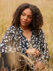 Live Unlimited Black Mono Floral Print Ruffle Front Blouse - Image 2 of 6