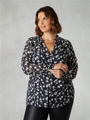 Live Unlimited Black Mono Floral Print Ruffle Front Blouse - Image 3 of 6