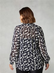 Live Unlimited Black Mono Floral Print Ruffle Front Blouse - Image 4 of 6
