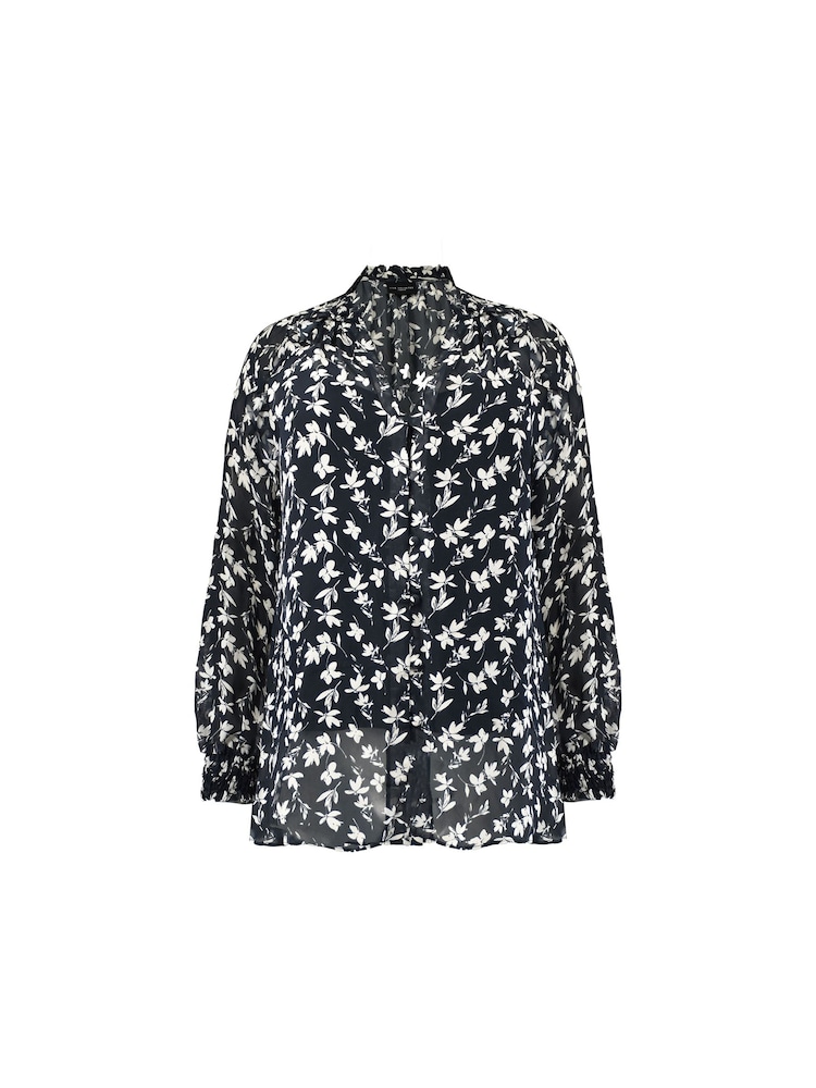 Live Unlimited Black Mono Floral Print Ruffle Front Blouse - Image 6 of 6