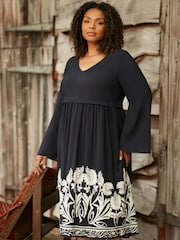 Live Unlimited Black Relaxed Curve Border Print Dress - Image 1 of 7