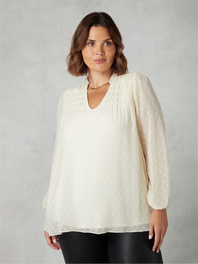 Live Unlimited Ivory White Curve Dobby Ruched Front Blouse - Image 1 of 4