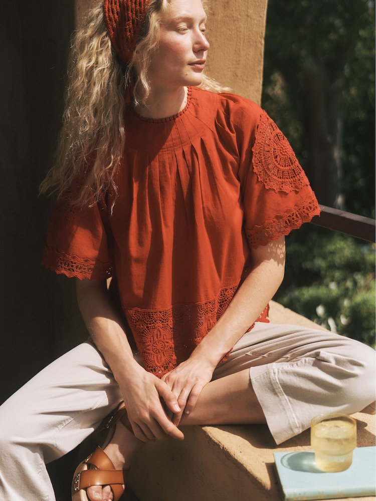 Monsoon Red Emory Cotton Floral Lace Short Sleeve Blouse - Image 2 of 5 Monsoon Red Emory Cotton Floral Lace Short Sleeve Blouse - Image 2 of 5