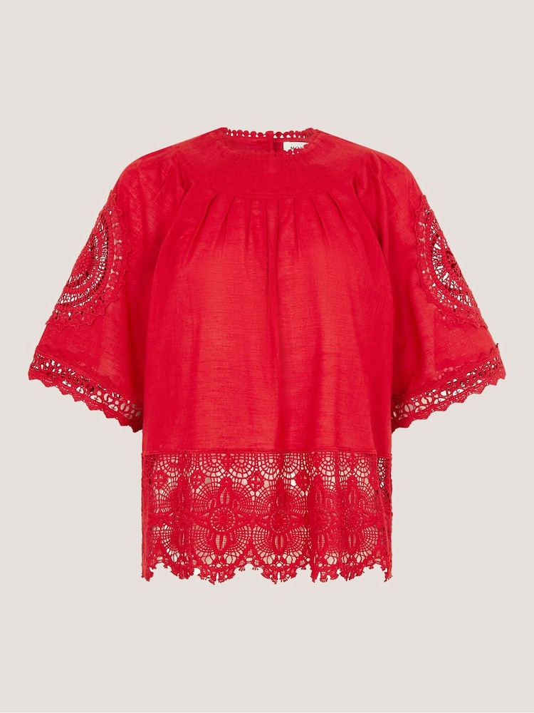 Monsoon Red Emory Cotton Floral Lace Short Sleeve Blouse - Image 5 of 5 Monsoon Red Emory Cotton Floral Lace Short Sleeve Blouse - Image 5 of 5