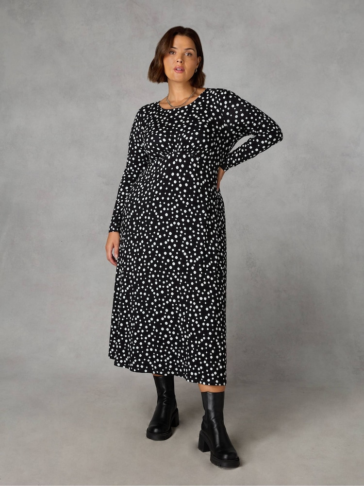 Live Unlimited Black Curve Mono Spot Print Jersey Empire Seam Midi Dress - Image 1 of 7