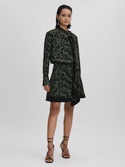 Reiss Black/Dark Khaki Katie Printed Tie Neck Mini Dress - Image 1 of 6