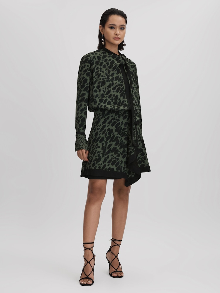 Reiss Black/Dark Khaki Katie Printed Tie Neck Mini Dress - Image 1 of 6