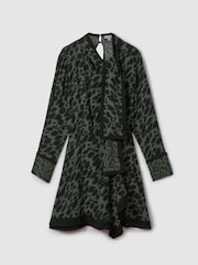Reiss Black/Dark Khaki Katie Printed Tie Neck Mini Dress - Image 2 of 6