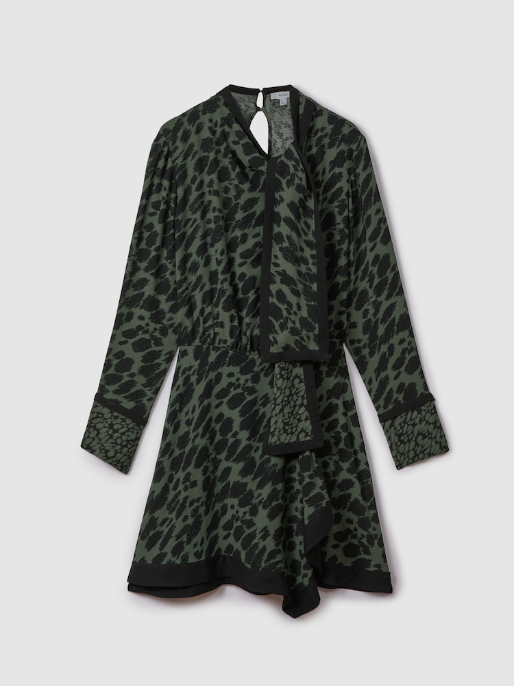 Reiss Black/Dark Khaki Katie Printed Tie Neck Mini Dress - Image 2 of 6