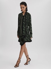 Reiss Black/Dark Khaki Katie Printed Tie Neck Mini Dress - Image 4 of 6