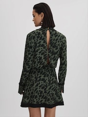 Reiss Black/Dark Khaki Katie Printed Tie Neck Mini Dress - Image 5 of 6