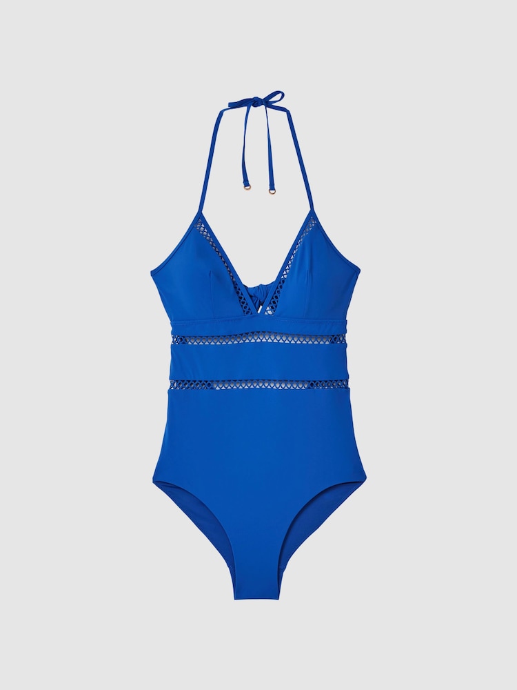 Reiss Cobalt Blue Gia Lattice Halterneck Swimsuit - Image 2 of 6