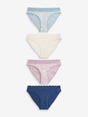 Cream/Blue Printed High Leg Cotton and Lace Knickers 4 Pack - Image 1 of 9