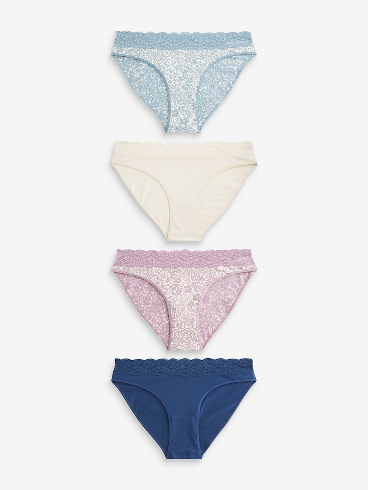 Cream/Blue Printed High Leg Cotton and Lace Knickers 4 Pack - Image 1 of 9