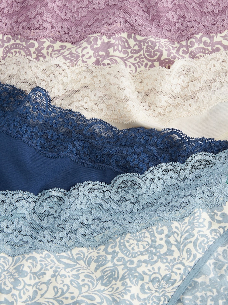 Cream/Blue Printed High Leg Cotton and Lace Knickers 4 Pack - Image 9 of 9
