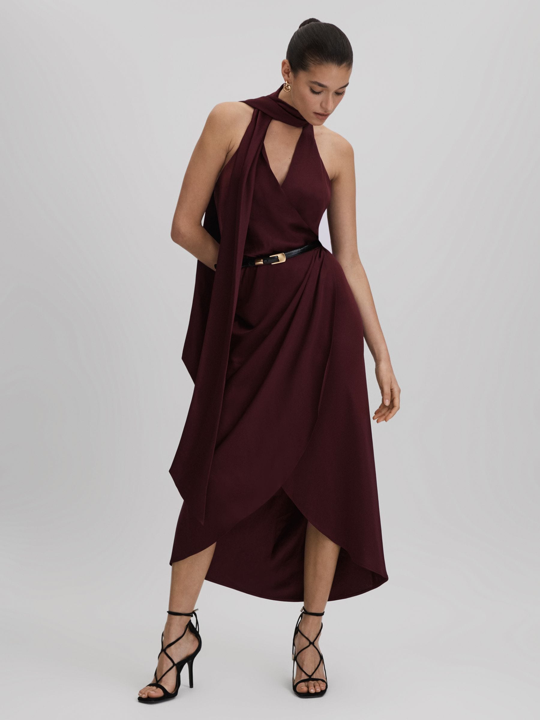 Buy Reiss Burgundy Tayla Satin Wrap Front Midi Dress from Next Luxembourg